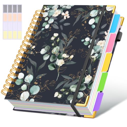 Hardcover Spiral Notebooks for Work, 300 Pages 5 Subject Notebook College Ruled with Dividers Tabs, 8"x10" Aesthetic Lined Spiral Journal for Women, 100GSM Large Notebook for School,GreenEucalyptus - color: Greeneucalyptus