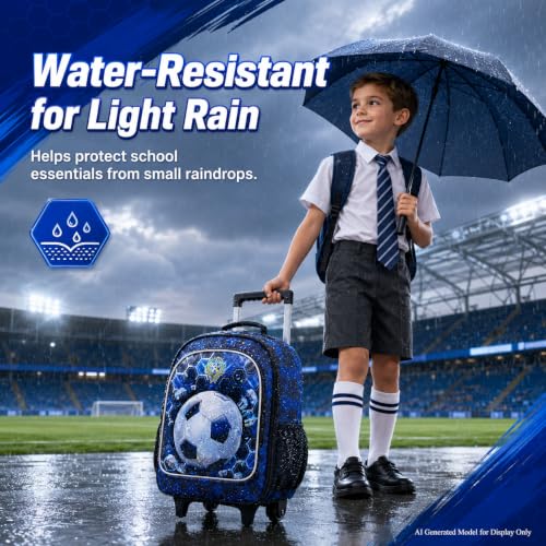 CCJPX 3PCS Soccer Rolling Backpack for Boys, Roller School Bookbag with Lunch Box, Football Water Resistant Wheeled Backpacks for Teens Elementary Travel-Blue - color: Blue Football