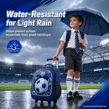 CCJPX 3PCS Soccer Rolling Backpack for Boys, Roller School Bookbag with Lunch Box, Football Water Resistant Wheeled Backpacks for Teens Elementary Travel-Blue - color: Blue Football
