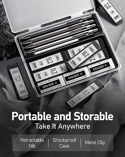 4PCS Metal Mechanical Pencil Set, 0.7mm Medium Point Pack with Storage Case | 480 Leads, 3 Erasers+9 Refills, For School Writing, Sketching, Art Drawing & Professional Drafting - style: 0.7MM