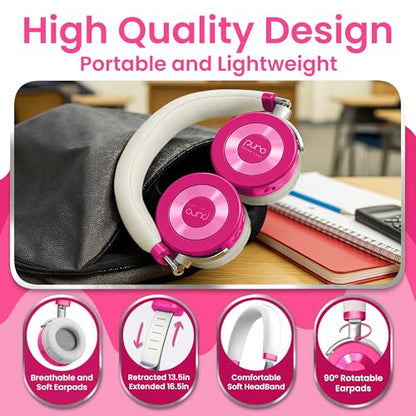 Puro Sound Labs JuniorJam Plus Volume-Limiting Wireless Bluetooth Headphones for Kids, Secure Audio with Adjustable On-Ear Design, 22-Hour Battery Life, Ideal for Tablets, Smartphones & PCs - Pink - color: Pink