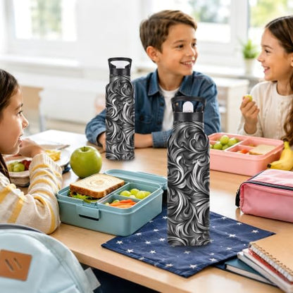 Black Vines Insulated Water Bottle with Straw 20 oz,Silver Foil Stainless Steel Leak Resistant Double Wall Water Bottles with Handle for Gym Sports Travel Outdoor - color: Black Vines,Silver Foil