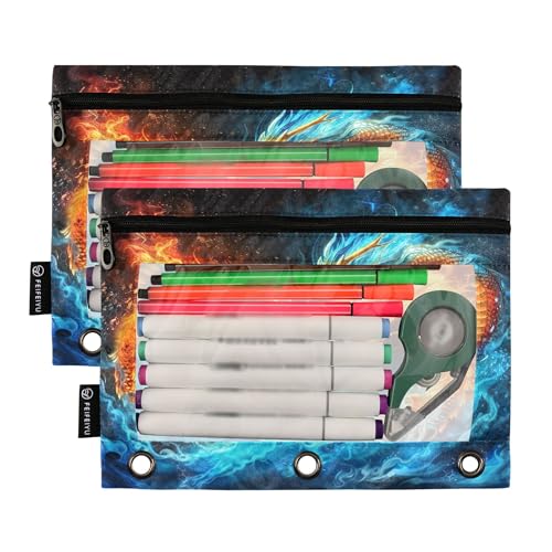 Red Fire Blue Ice Dragon Binder Pouches 3 Ring for Boys Girls School Office College Supplies Dinosaur Legend Lightning Pencil Pouches Case Bag with Clear Window and Zipper 2 Pack - color: Dragon
