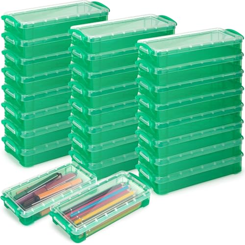 Gueevin 24 Pcs Large Capacity Plastic Pencil Box Clear Plastic Pencil Case Crayon Box with Snap Tight Lid Watercolor Pen Storage Brush Organizer Drawing Tools Container (Green) - color: Green