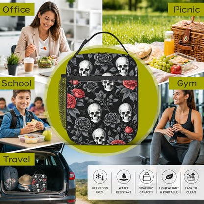 Gothic Skull Roses Kids Lunch Bag Insulated Lunch Box Cooler Freezable Meal Prep Bag with Shoulder Strap Waterproof Lunch Container for Boys Girls School Office Picnic - color: Gothic Skull Roses