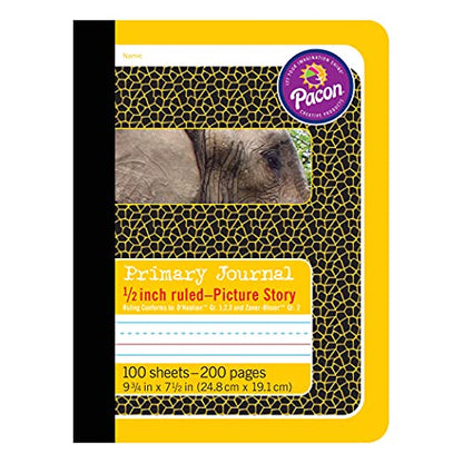 Pacon® Primary Composition Book, Book Bound, D'Nealian/Zaner-Bloser, 1/2" x 1/4" x 1/4" Picture Story Ruled, 9-3/4" x 7-1/2", 100 Sheets, Pack of 6