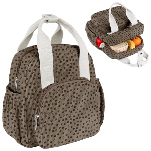 Insulated Corduroy Lunch Bag for Teen Girl Kid Women, Large Lunch Box, Reusable Portable Leakproof Lunchbox for School Travel Office Picnic (Flower Brown) - color: Flower Brown