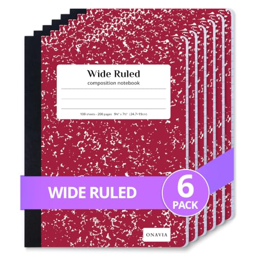 ONAVIA Composition Notebook Wide Ruled 6 Pack, 200 Pages, Marble Red | 100 ct, 9.75 x 7.5 in, Wide Ruled Composition Notebook, Durable Comp Book, School Notebooks, Note Taking, Students - color: Red, size: 9.75 x 7.5"