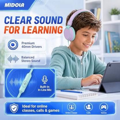 MIDOLA Kids Headphones for School Learning,Volume Limited 85/94dB, Foldable Lightweight Over-Ear Wired Headphones for Kids Toddler Girls Boys 3.5mm for Pad,Headsets with Built-in Mic Light Purple - color: LightPurple