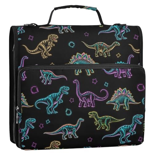 VIGTRO Dinosaur Pattern with Neon Colors 3 Ring Zipper Binder 1.5 Inch Binder Organizer Bag with Shoulder Strap and Handle File Folder for Office Work 500 Sheet Capacity