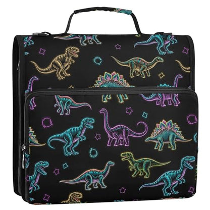 VIGTRO Dinosaur Pattern with Neon Colors 3 Ring Zipper Binder 1.5 Inch Binder Organizer Bag with Shoulder Strap and Handle File Folder for Office Work 500 Sheet Capacity
