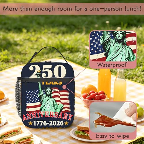 Insulated 250 Anniversary USA Patriotic Lunch Bag, Reusable Cooler Tote with Handle - color: 250 Anniversary USA
