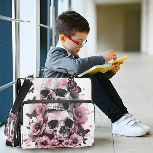 3 Ring Zipper Binder Pink Butterfly Skull Skeleton Binders Bag with Shoulder Strap 500 Sheets Paper Organizer Trapper Keeper Documents Storage File Folder for School Office - color: A1182