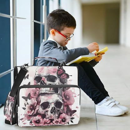 3 Ring Zipper Binder Pink Butterfly Skull Skeleton Binders Bag with Shoulder Strap 500 Sheets Paper Organizer Trapper Keeper Documents Storage File Folder for School Office - color: A1182