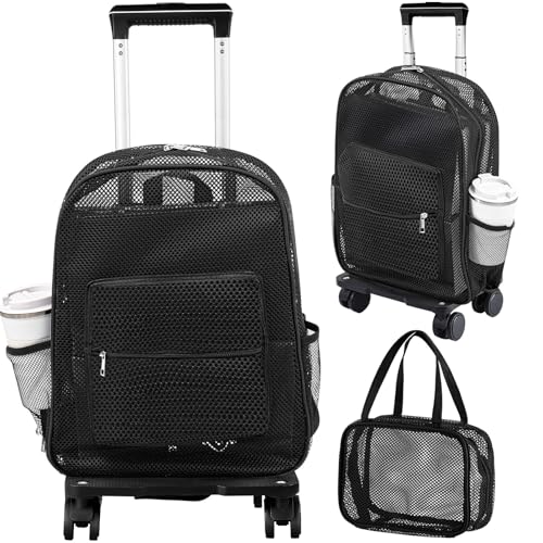Amylove 17'' Rolling Clear Backpack Set Heavy Duty Bags with Pockets Wheeled See Through Backpack(Black,Novelty,Mesh) - color: Black, style: Novelty