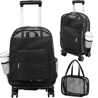 Amylove 17'' Rolling Clear Backpack Set Heavy Duty Bags with Pockets Wheeled See Through Backpack(Black,Novelty,Mesh) - color: Black, style: Novelty