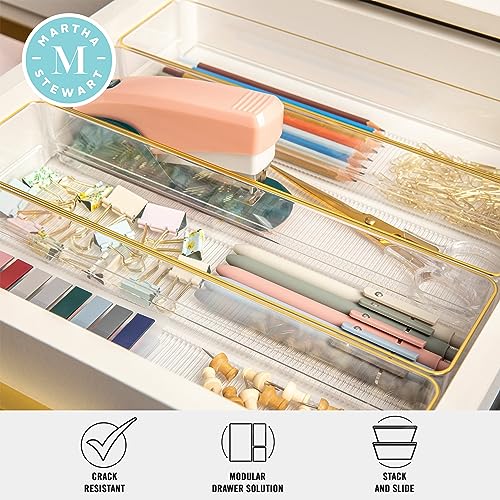 Martha Stewart Kerry Plastic Stackable Office Desk Drawer Organizers, 9" x 3", 8 Pack, with Gold Trim - size: 9" x 3"