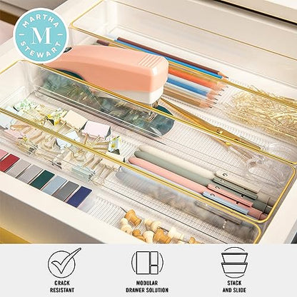 Martha Stewart Kerry Plastic Stackable Office Desk Drawer Organizers, 9" x 3", 8 Pack, with Gold Trim - size: 9" x 3"