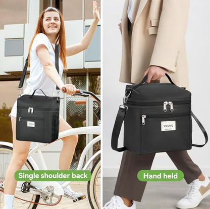 Voova Stackable Stainless Steel Thermal Lunch Box with Lunch Bag for Women Men Adult, 2 Tier Leakproof & Microwave Safe Insulated Bento Boxes Food Container for Work, Black - color: Black