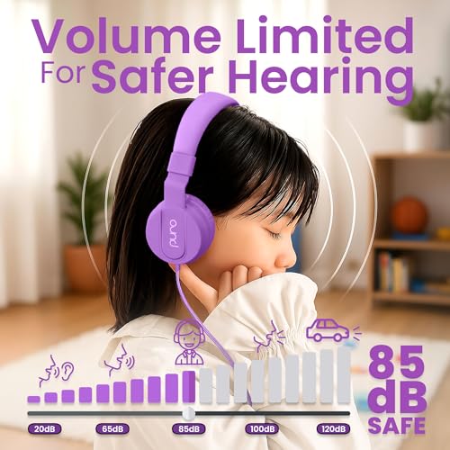 Puro Sound Labs Kids Wired Headphones – Volume-Limiting & Adjustable, Safe & Comfortable Headphones for Kids – Compatible with PCs, Smartphones & Tablets, Ideal for School & Travel – PuroBasic, Purple - color: Purple