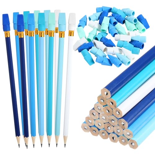 24 Pack Blue Gradient No.2 HB Pencils with 48 Eraser Caps, Aesthetic Wooden Pencils Bulk, Unsharpened Writing Cute Graphite Hexagonal Pen for Office, Journaling, Sketching, Party Favors, Everyday Use - color: Blue Green Series