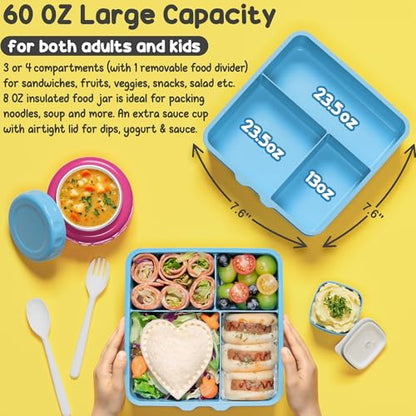 Fimibuke 60oz Kids Bento lunch Box with Insulated Lunch Bag & 8.5oz Thermo | Leakproof 3-4 Compartment Toddler Kids Lunch Box Food Container w/ Utensils, Sauce Cup for School Boys Girls, Dishwasher Safe - color: A3.Underwater Mermaid