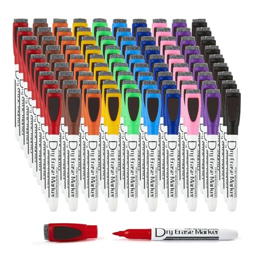 Volcanics Magnetic Dry Erase Markers With Eraser Low Odor Fine Tip Whiteboard Markers White Board Pens Pack of 90,10 Colors for Office - color: 10 Colors, size: 1 Count (Pack of 90)