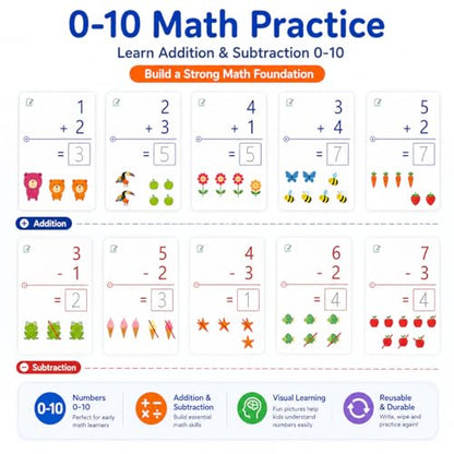 Write & Wipe Activity Cards for Kids, Reusable Tracing Flash Cards, Preschool Handwriting Practice Set, Letter Number Math Learning Activities Ages 3-6 (Addition and Subtraction)