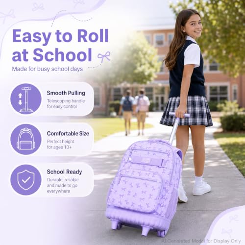 AGSDON Sophisticated Bow Print Rolling Bookbag for Girls Set – 20” Roller School Backpack with Matching Lunch Box for Travel, Commute | Water-Resistant Fashion Wheeled Organizer in Purple - color: Rolling Backpack Set - Bow Purple