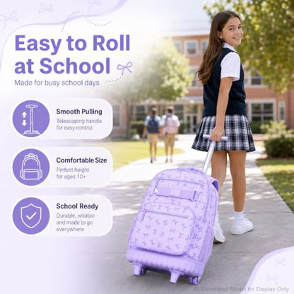 AGSDON Sophisticated Bow Print Rolling Bookbag for Girls Set – 20” Roller School Backpack with Matching Lunch Box for Travel, Commute | Water-Resistant Fashion Wheeled Organizer in Purple - color: Rolling Backpack Set - Bow Purple