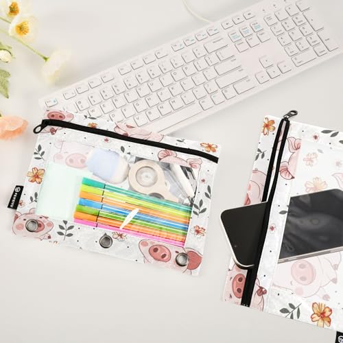 SUABO Flower and Pig Pencil Pouch for 3 Ring Binder, 2 PCS Binder Pencil Pouch with Zipper, Clear Window Zipper Pencil Case Pencil Bags for Office Supplies - color: Pig