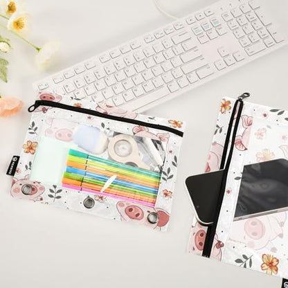 SUABO Flower and Pig Pencil Pouch for 3 Ring Binder, 2 PCS Binder Pencil Pouch with Zipper, Clear Window Zipper Pencil Case Pencil Bags for Office Supplies - color: Pig