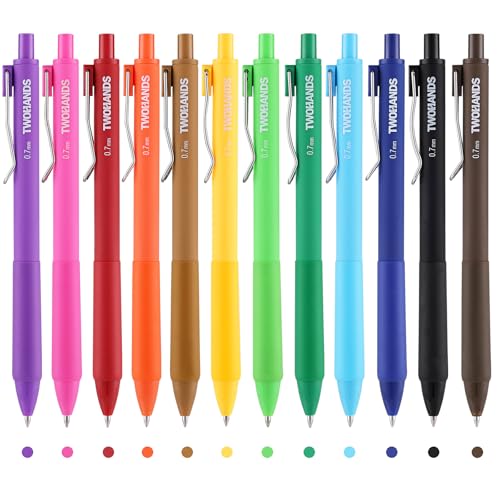 TWOHANDS Colored Gel Pens 0.7mm Fine Point 0.7mm 12 Pack | Quick Dry Colorful Ink Pens,No Bleed,Retractable Smooth Writing Pens for Journaling,Note Taking,With Grip,23506