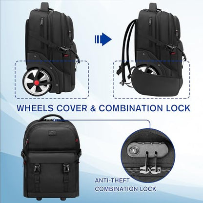 MATEIN Rolling Backpack for Men, Large Travel Backpack with Wheels, Black | 7.1 inch Big Wheels, Water Resistant, Anti Theft, Combination Lock, for 17" Laptops, Gift for Adult Commute Business College - color: Black