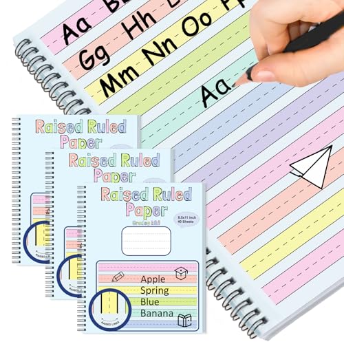 3 Pack Colored Raised Line Handwriting Paper 8.5x11 Inch Wide Ruled Writing Paper Spiral Bound with ADHD 0.63 In Spacing Multi Sensory Dysgraphia Pad Handwriting Practice Workbook for Kids Kindergarten