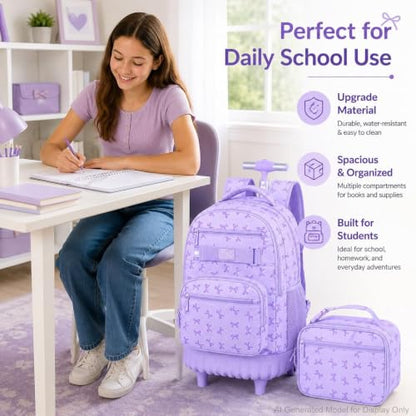gxtvo Girls Rolling Backpack, Women Roller Bookbag with Lunch Box for Adults, Water Resistant Wheeled School Bag for College Teens Kids Travel - Purple Bow - color: Girls Rolling Backpack Bow Purple