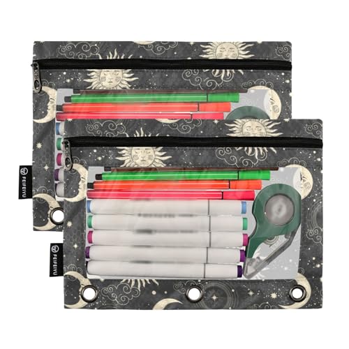 ZAZYXTJ Sun Binder Pencil Pouchs 3 Ring with Zipper Clear Window Office Organizers bag for School Students Teacher Supplies 2 Pack - color: Sun