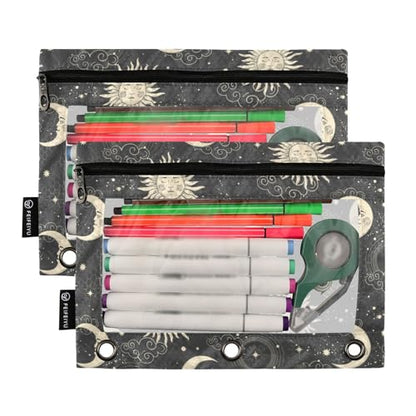 ZAZYXTJ Sun Binder Pencil Pouchs 3 Ring with Zipper Clear Window Office Organizers bag for School Students Teacher Supplies 2 Pack - color: Sun