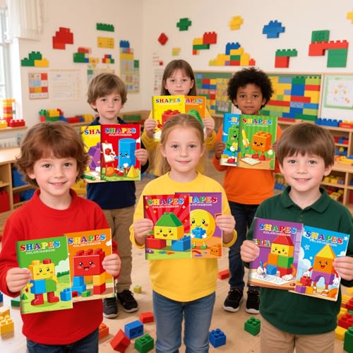 BenLouis 24 Building Block Mini Coloring Books Kids with 24 Stacking Crayons Geometric Shapes Party Favors Activity Books Bulk for Kids Building Goodie Bag Gift Stuffer Classroom Reward - style: Building Block
