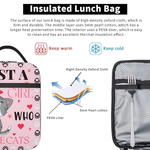 Cute Cat Pink Lunch Bag Large Capacity Heat Insulated Lunch Box, Just A Girl Who Loves Cats Leakproof Durable Portable Reusable Handbags Thermal Cooler Tote Bag for School - color: Cute Cat