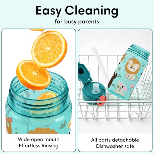 Kids Water Bottle with Bite & Sip Straw, Excavator/Jungle Animals | 13oz Toddler Water Bottle · BPA-Free, Handle, Leak-Proof, and Pop-Up Spout Cover · Safe for School Sports Travel & Camp