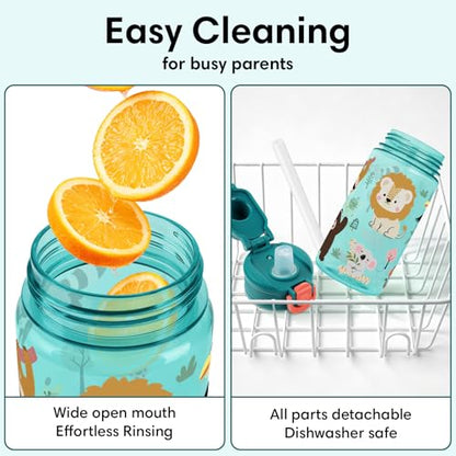 Kids Water Bottle with Bite & Sip Straw, Excavator/Jungle Animals | 13oz Toddler Water Bottle · BPA-Free, Handle, Leak-Proof, and Pop-Up Spout Cover · Safe for School Sports Travel & Camp