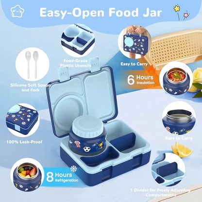 Bento Lunch Box for Kids Adult, Leakproof 3-4 Compartment Bento Box Set with Insulated Food Jar,Water Bottle, Lunch Bag, School Lunch Container for Toddler Teen Girls Boys Ages 3+(Football) - color: Football