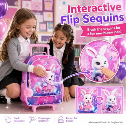 3Pcs Bunny Rolling Backpack for Girls, Kids School Backpacks with Wheels, Roller Bookbag with Lunch Box for Elementary Preschool(Pink) - color: Pink Rabbit