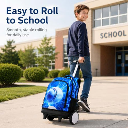 KLFVB Big Quiet-Glide Wheels Wheeled Backpack, 3-in-1 Rolling Bookbag Set with Lunch Bag | Water-Resistant Roller Bag for Boys, School, Travel, Play - Lightning Baseball - color: Big Wheels Rolling Backpack - Lightning Baseball