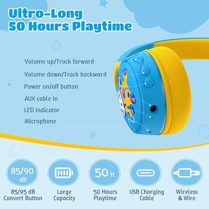 Kids Headphones Bluetooth for Boys, Toddler Headphones Wireless for School | 85/95dB Volume Limited, 50H Playtime, Bluetooth 6.0, Built in Mic, Fast Charging for Tablet, iPad, Cellphone - color: Blue