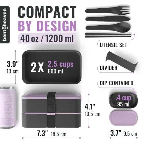Bentoheaven Bento Box Adult, Stackable Lunch Box, 40 oz, Violet Me Go | BPA-free, leakproof and microwave-safe with 2 compartments, utensils, chopsticks, divider and sauce cup for men and women. - color: Violet Me Go