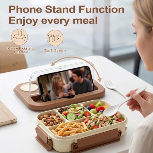 Bento Box Adult Lunch Box, Lunch Containers for Adults 44.5 Oz/5 Cup, Khaki | BPA-Free, Lid-Top Sauce Tray, Leak-Proof, 1300mL, Removable Silicone Sealing Ring, Lid-Top Utensil Slot with Included Cutlery - color: Khaki