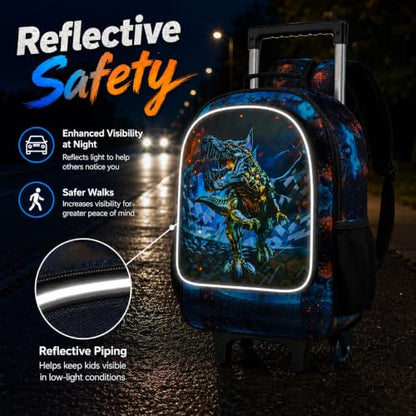 CCJPX 3PCS Dinosaur Rolling Backpack for Boys,Kids Backpacks with Roller Wheels, Wheeled Bookbag with Lunch Box for Toddler Elementary School-Black - color: Black Dinosaur