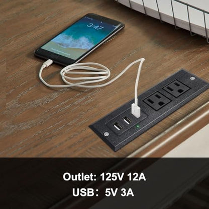 Desktop Recessed Power Strip with USB Flush Mount Power Socket 2 Outlets 3 USB Ports (15W/3A) Flat Plug Charge Station for Table Cabinet Sofa Counter - color: Black